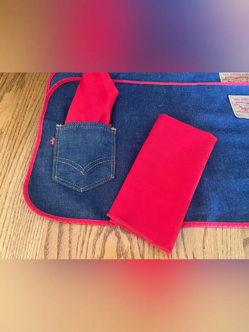 Two Levi's Blue Denim Placemats with Red Trim and Napkins